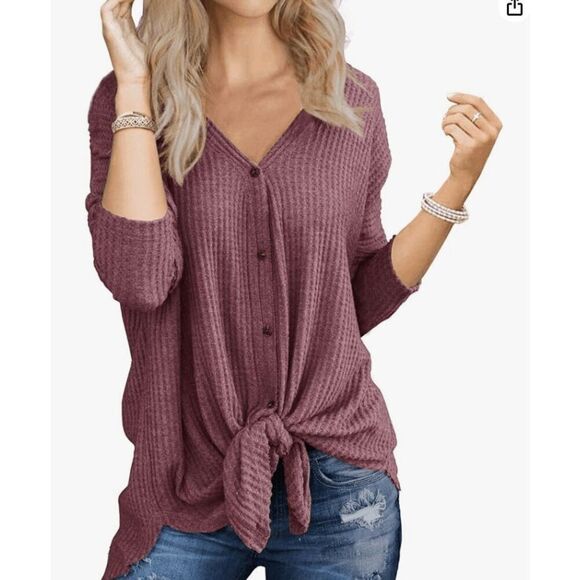 IWOLLENCE Women's Waffle Knit Tunic Blouse Tie Knot Henley Top- Size S - Picture 1 of 11